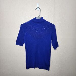 Cache Sweater Women XS Royal Blue Fitted Sweater Top Flattering Eyelet
